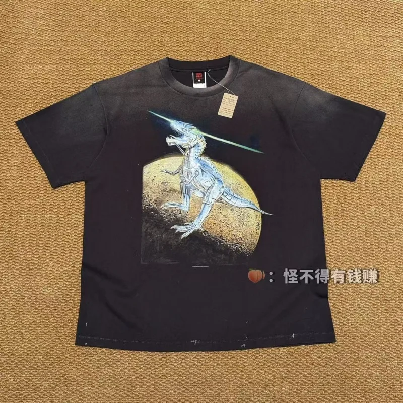 

Authentic SAINT Black Mechanical T-Rex Vintage Print Tee Summer Fashion Washed Hip-Hop Casual Tops