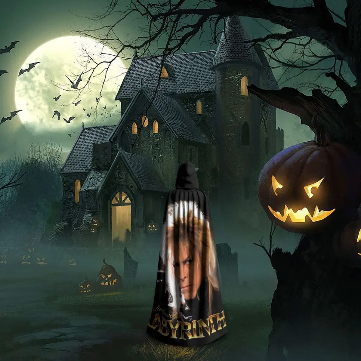 Jareth ملك العفاريت الوقاية في متاهة طويلة مقنعين عباءة الساحرة القرون الوسطى زي تأثيري كيب هالوين مصاص دماء