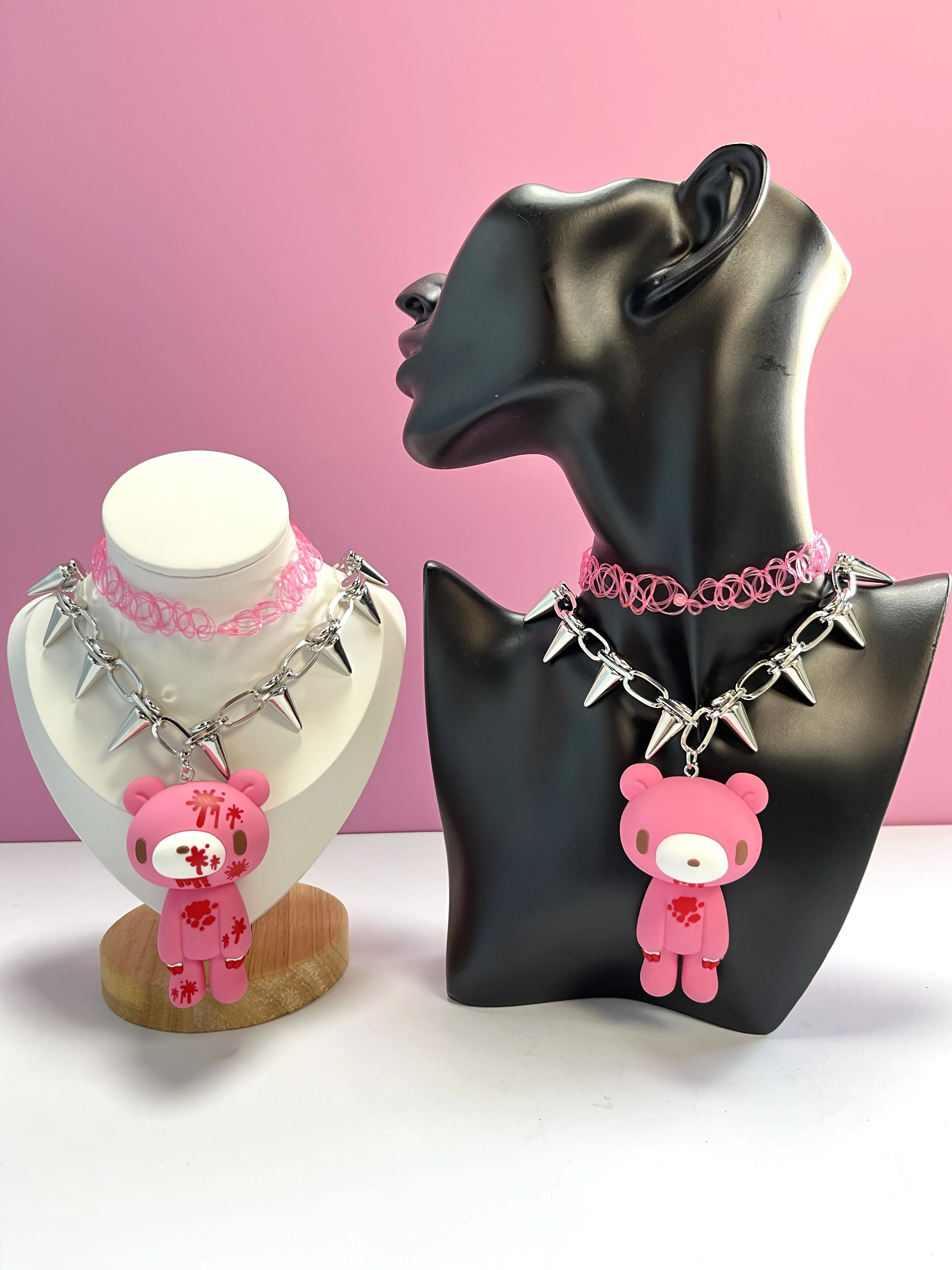 Goth Spiked Choker Necklace for Women E-Girl Y2K Jewelry Pink Black White Gloomy Bear Pendant Grunge Aesthetic Emo Drop Shipping #3