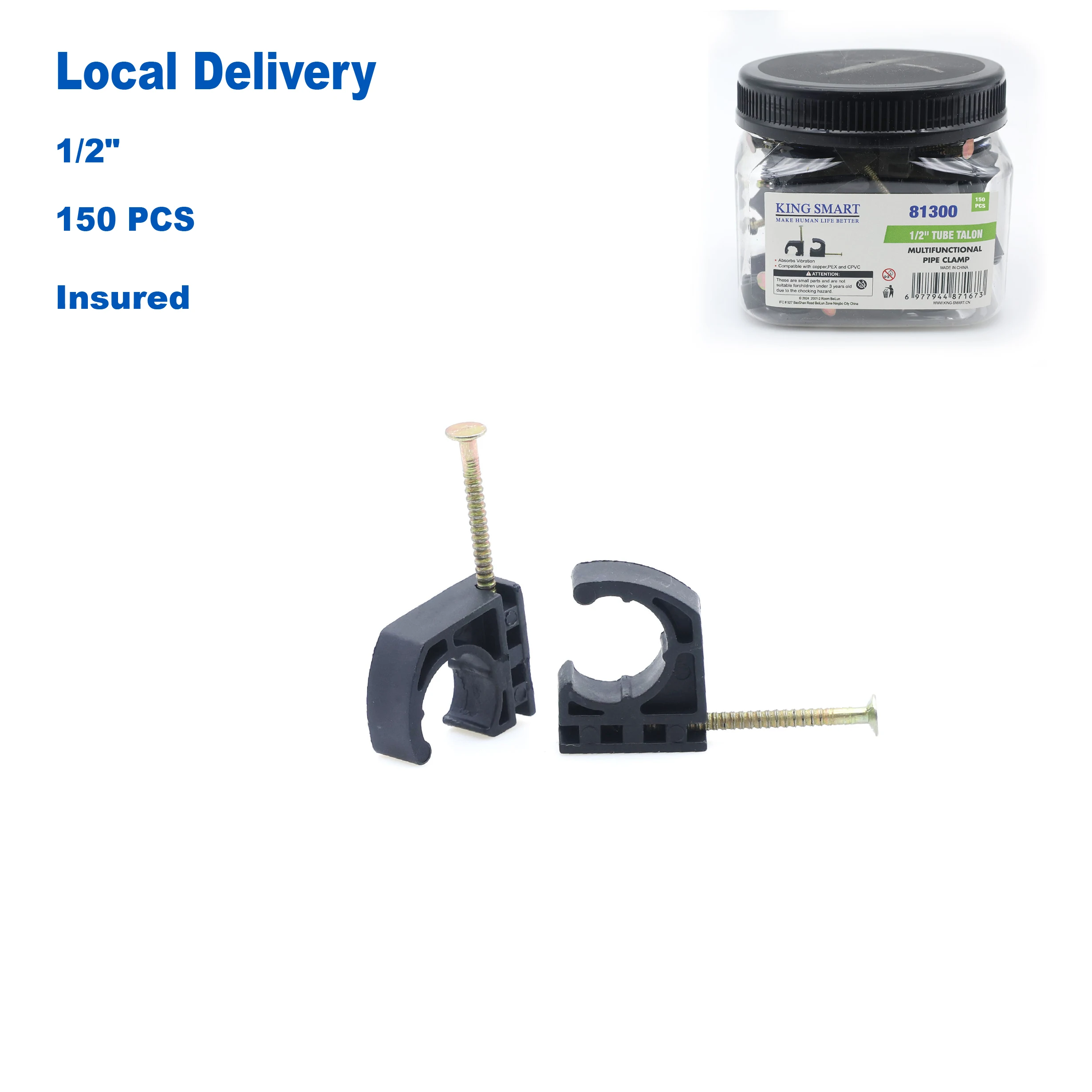 

KING SMART 1/2" Half Clamp J-Hook with Nail For Pex, Copper, CPVC Pipe and Other Line and Cable Support; 150or80 Pcs/Case; 81300