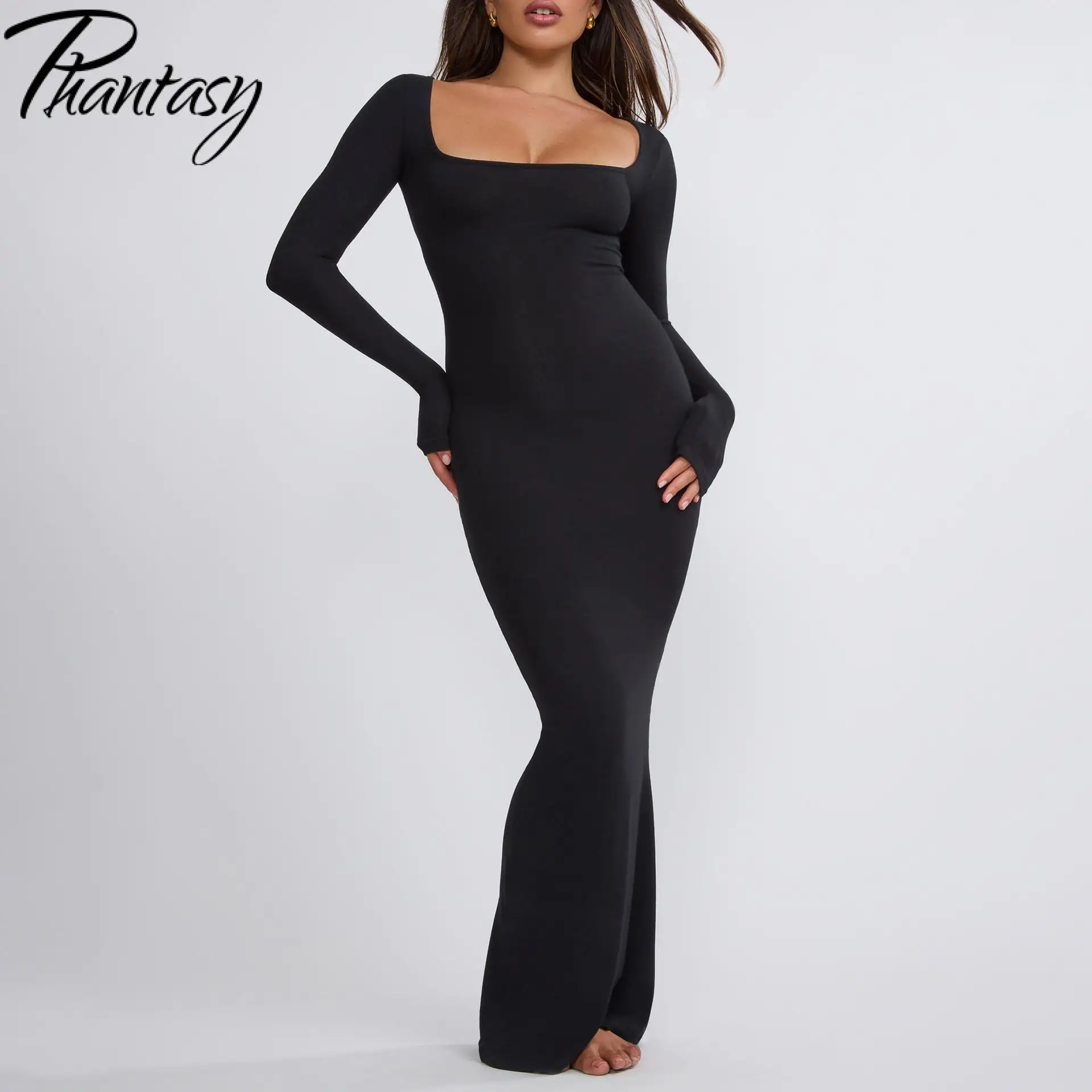 Phantasy Black Long Dress Women Elegant Square Collar Gown Office Lady Sheath Dress Fashion Streetwear Spring Casual Outfit