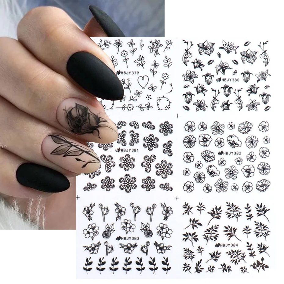 12PCS / Set Black Nail Stickers Flower Leaf Necklace 3D Sliders Decal Gel Polish Sticker DIY Design Manicure Tips