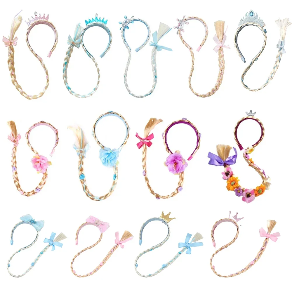 Girls Pink Blue Purple Flower Weaving Braid Headband Kids Princess Dress Up Hair Accessories Aurora Elsa Sofia Rapunzel Wig