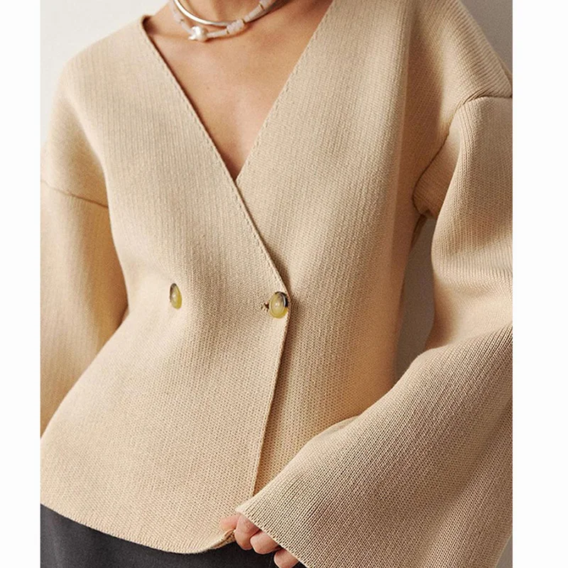 Elegant Solid Knitter Cardigan Women Casual V Neck Flare Sleeve Double Breasted Ladies Coat Autumn Fashion Chic Female Knitwear