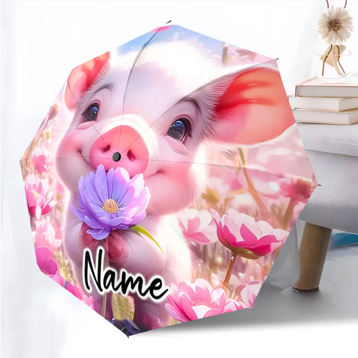 Custom Name Charming Umbrella with Piglet and Flowers Design Print 8 Iron Ribs Folding Umbrella Auto-Open Fashion Sunshade