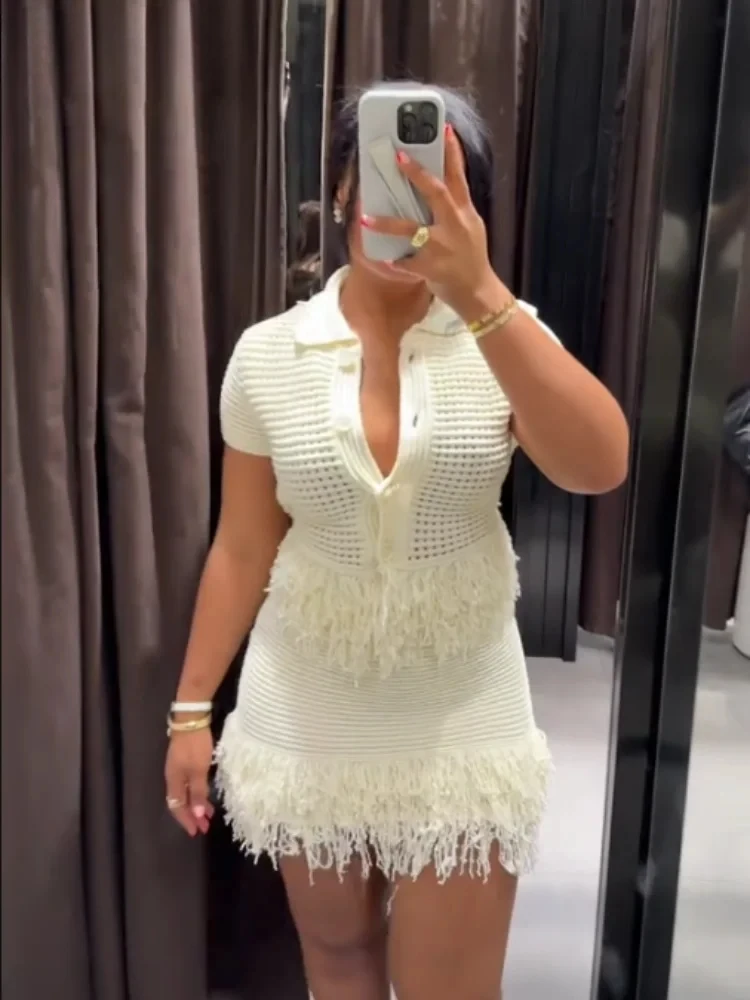 

Elegant Tassel Knit Shirt Skits Set Women Solid Lapel Single Breasted Short Sleeves Top Mini Skirts Summer Hollow Out Sets