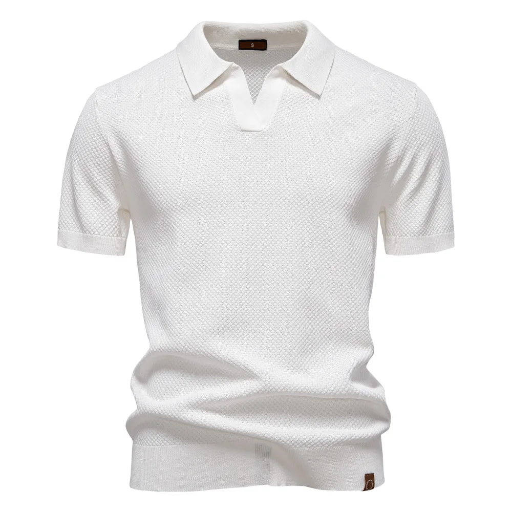 Men's Knitted Polo Shirt Short Sleeve Waffle Texture V Neck Collar Knit Polo T-shirt Casual Breathable Summer Golf Tops for Men