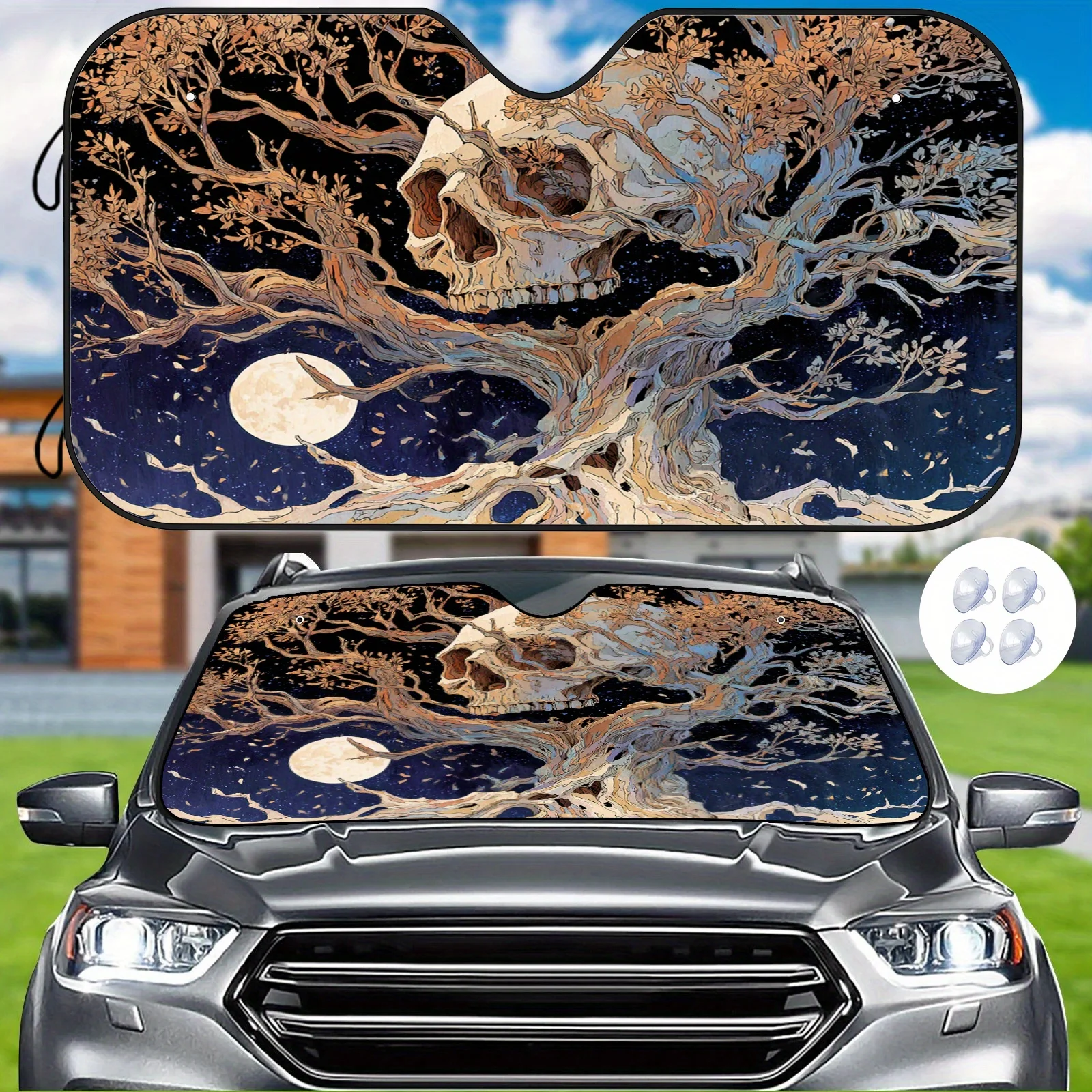 Moonlit Skull Tree Illustration Car Sunshade, Fantasy Dark Style, Easy To Install And Durable, Includes 4 Suction Cups To Help C