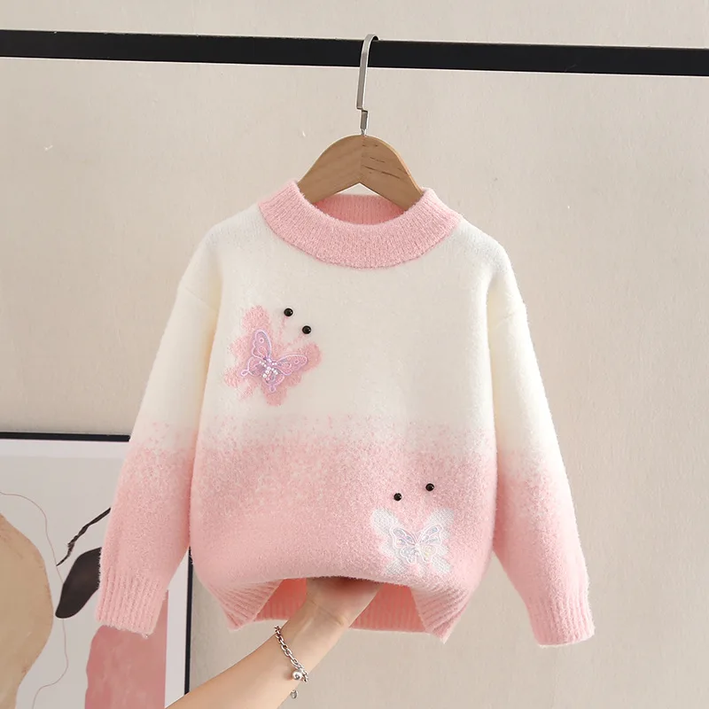 Sweaters Girl Elegant Butterfly Pattern Knitted Pullovers O-Neck Furry Casual Children Tops Keep Warm Knitwear for Girls HY07261