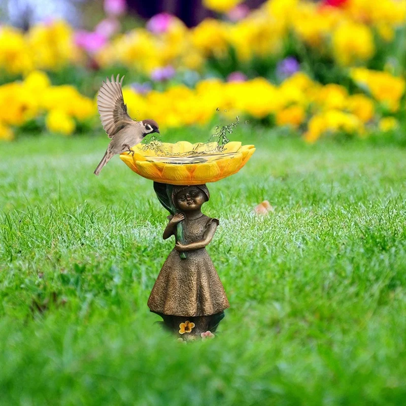 Outdoor Bird Bath Bowl Sunflower Girl Resin Pedestal Fountain Decoration For Yard Garden Planter Base Feeder Decor