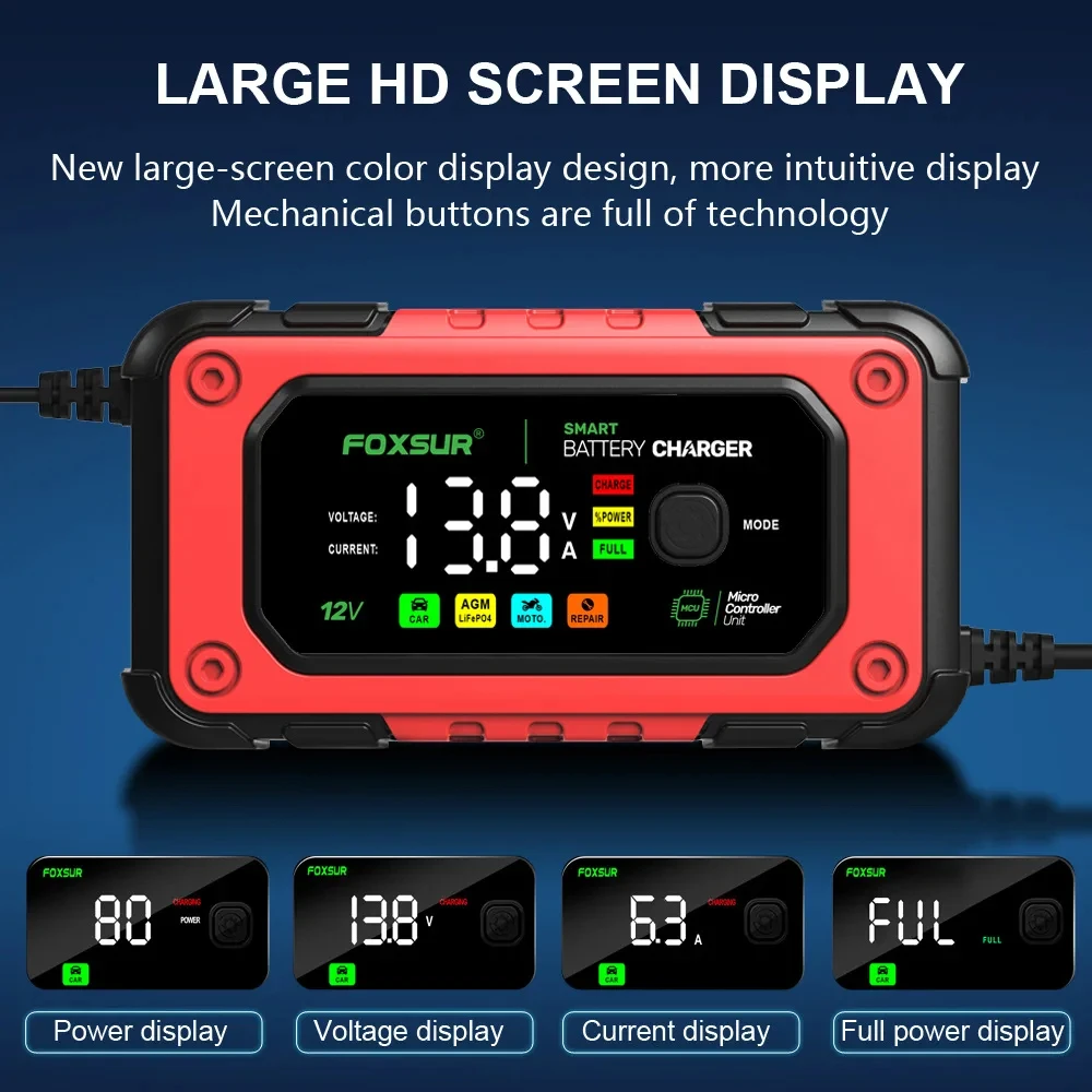 Nuovo caricatore per moto di riparazione intelligente 12V 7A FOXSUR caricabatteria per auto di riparazione universale per batteria al piombo LiFePO4