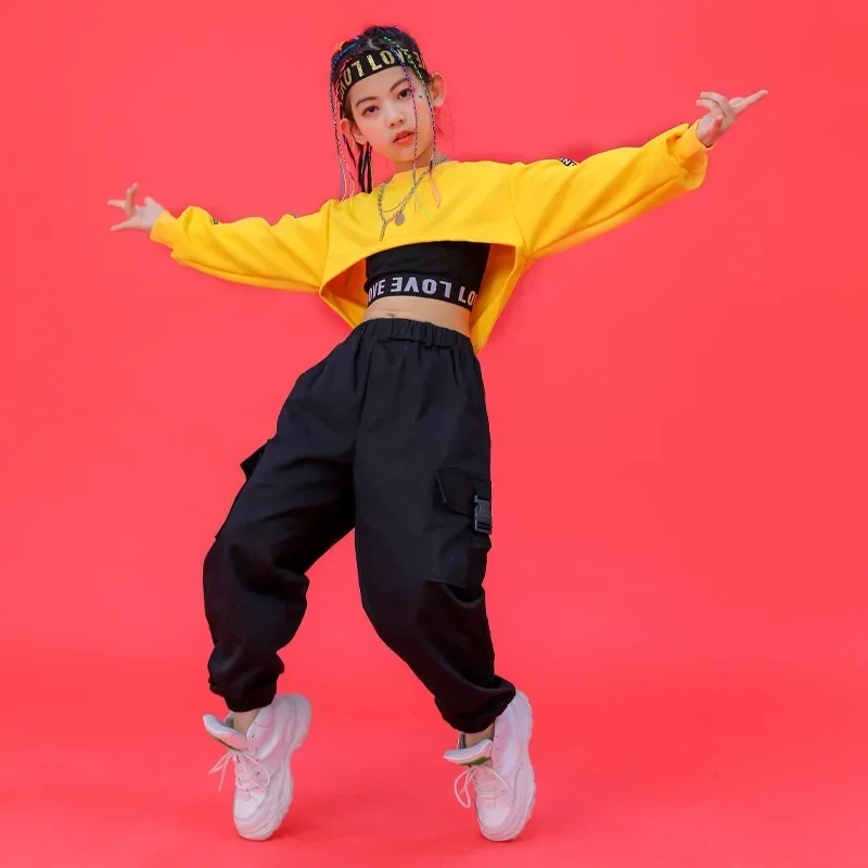 

Hip Hop Clothing Sets Children Sweatshirt Black Vest Crop Top Cargo Pants for Girls Jazz Dance Costume School Dancing Tracksuits