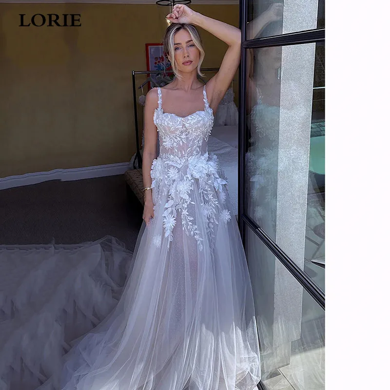 LORIE Spaghetti Strap 3D Lace Flowers Wedding Dress vestidos de novia 2024 A Line Appliques Bride Dresses Wedding Gowns