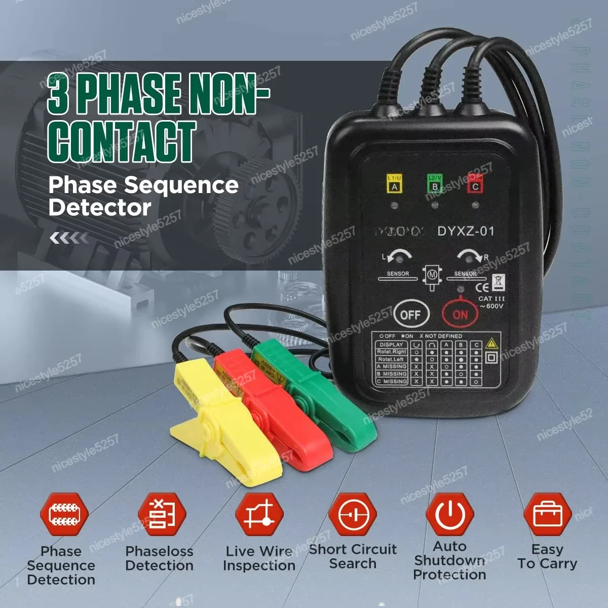 Phase Rotometer Non-contact Three-phase Motor Rotation Tester AC 70~ 600 Volt High Magnetic Induction Phase Sequence Detector