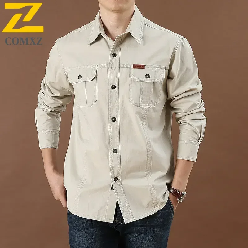 2025 Spring and Autumn Shirt Men's Casual Pure Cotton Multi-Pocket Long Sleeve Shirt Male Hiking Hunting Work Solid Color Top