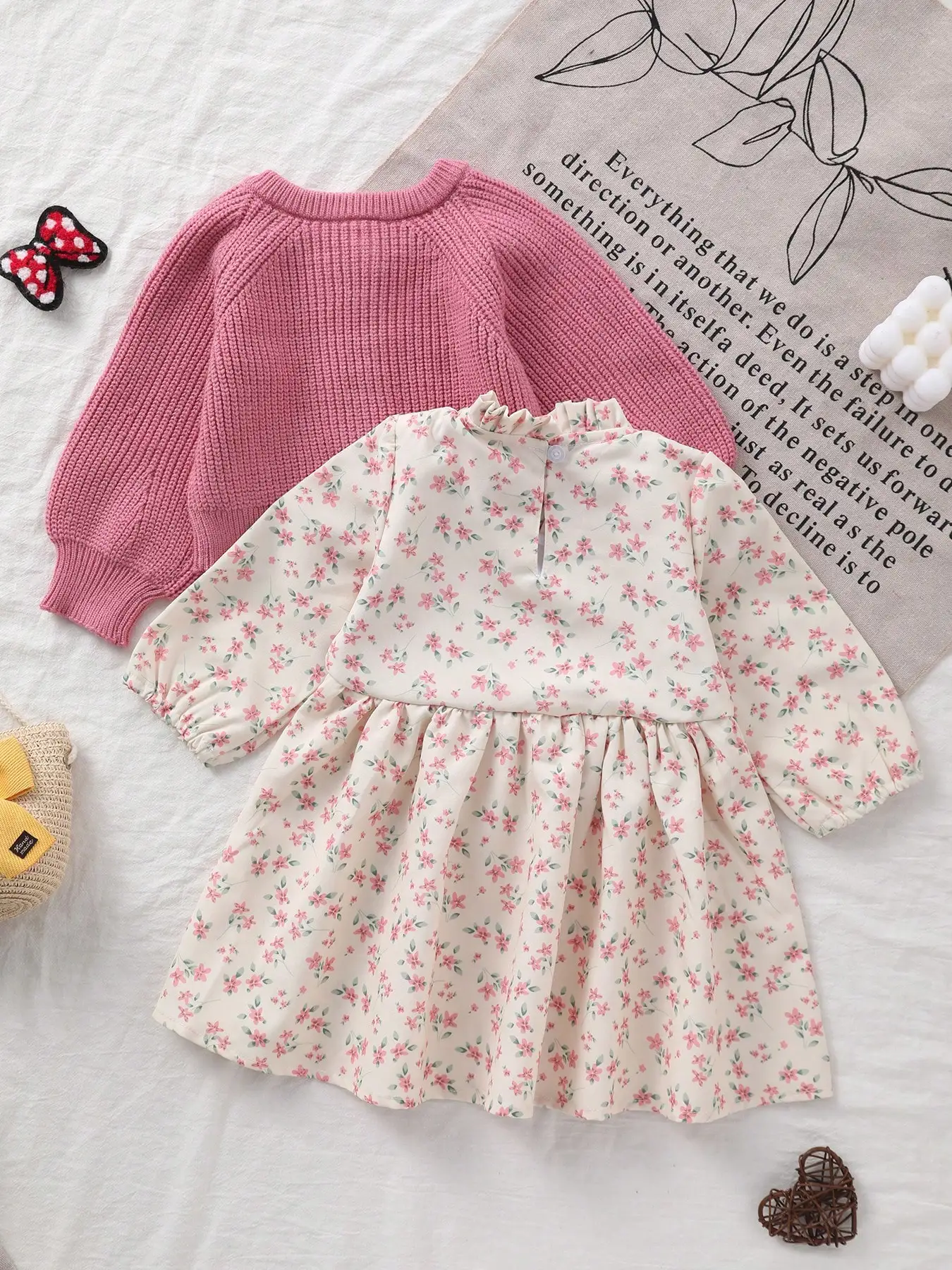 Girls' Floral Dress + Knitted Cardigan Two-Piece Set, Baby's Sweet Pastoral Style Spring Solid Color Knitted Outfit