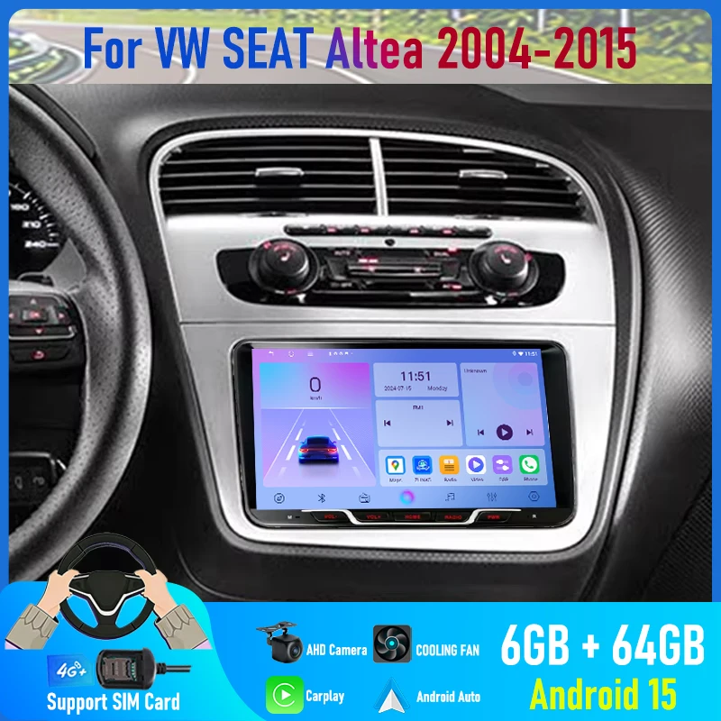 9'' For VW SEAT Altea 2004-2015 Car Radio 4G SIM Carplay Android 15 Auto GPS BT Steering Wheel Control Head Unit Google Map FM