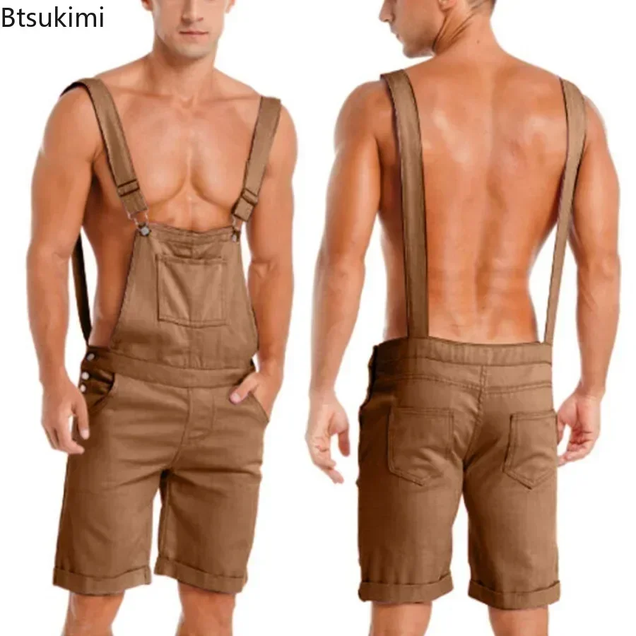 Fashion New Men\'s Vintage Overalls Jumpsuit Cargo Work Short Pants Summer Loose Casual Romper Men Bib Stitch Trousers Streetwear