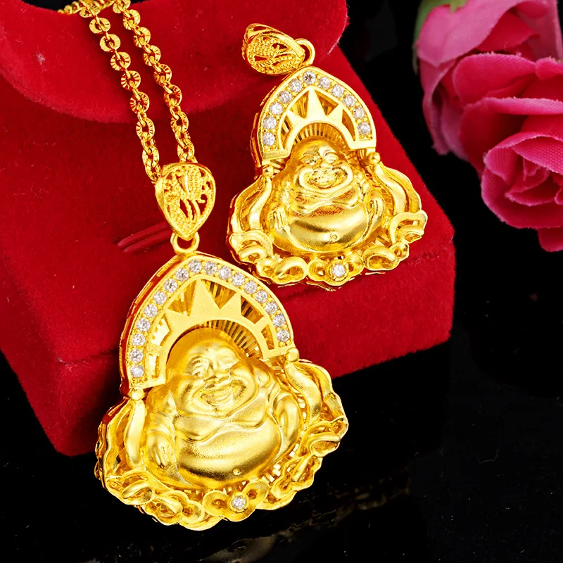 Pure14K Gold Color High Imitation Gold Buddha Statue Inlaid with 3A Zircon Maitreya Buddha Female Natal Guanyin Pendant Necklace