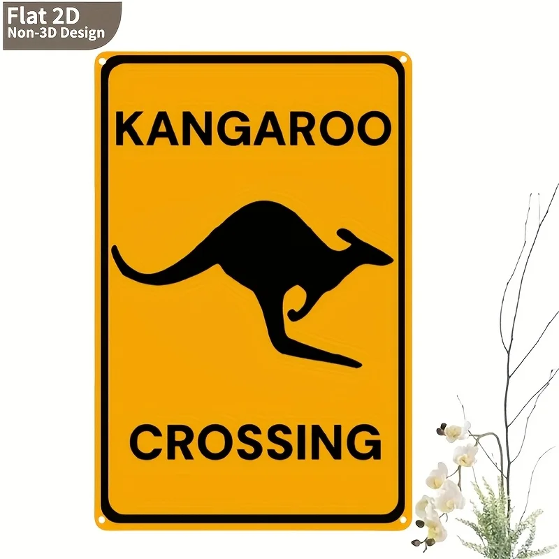 Kangaroo Crossing Metal Road Sign - Australia Themed Wall Decor; Yellow Diamond Pattern with Black Kangaroo Silhouette