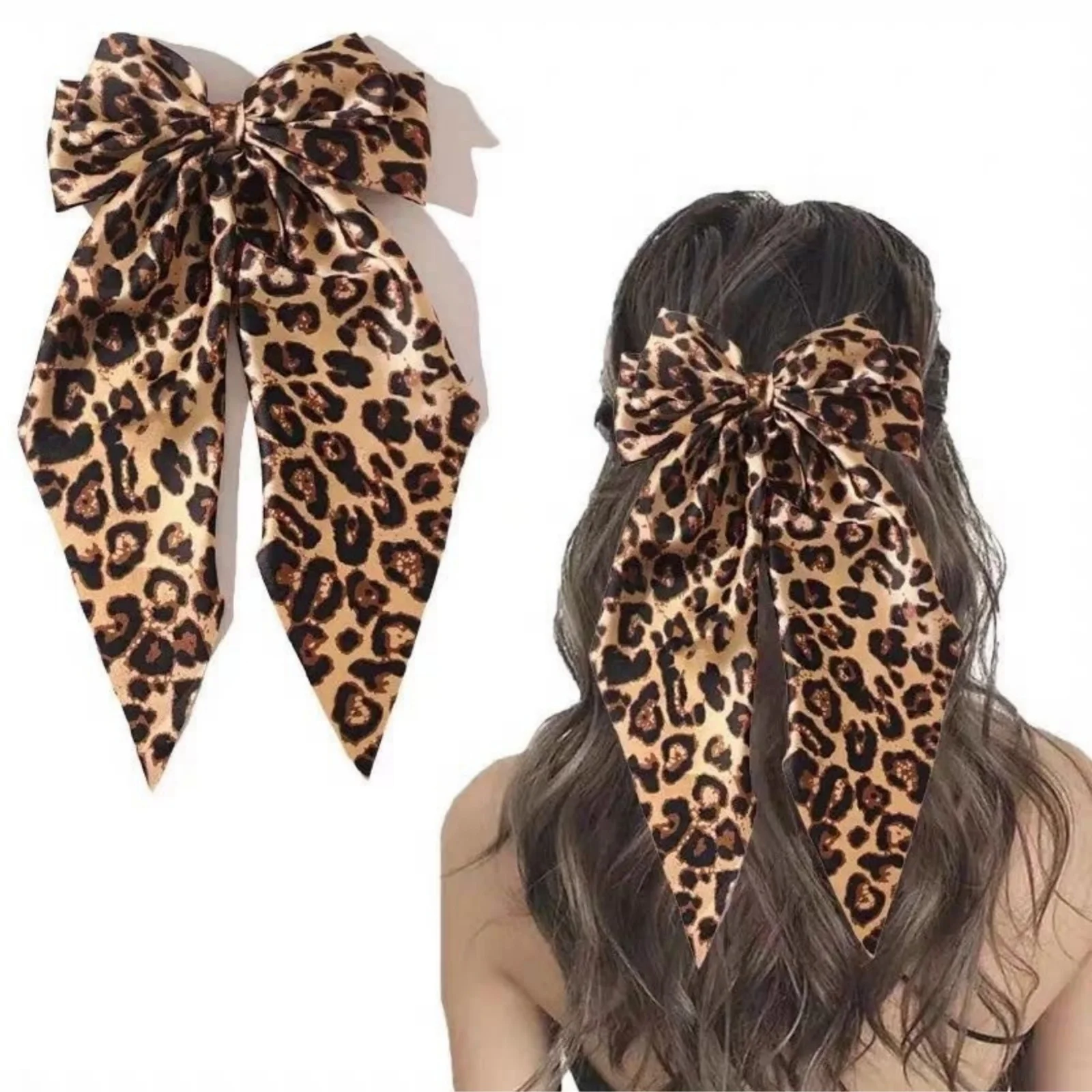 2er-Set Satin Leopard einfarbige Schleife lange schwimmende Federklammer Kopfschmuck Haarschmuck einfarbig Leopard Boho – Detail 4