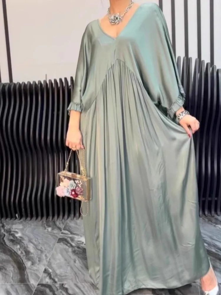 Elegant Loose Solid Dress For Women Fashion Long Sleeve Ruffles V Neck Pullover Dresses Robe Femme Casual Office Holiday Clothes