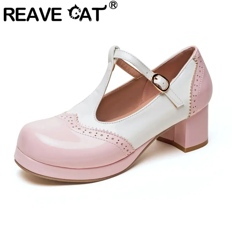 REAVE CAT Red Women Shiny Pumps Lolita Round Toe 5cm Block Heel Buckle T-Strap Mixed Color Big Size 43 44 45 Sweet Dating Shoes