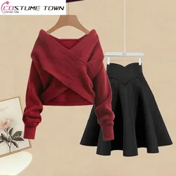 Large Women's Spring Set Women's 2023 New V-Neck Cross Knitted Sweater Slim Half Umbrella Skirt Two Piece Set