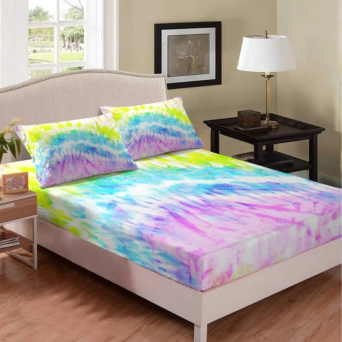 Kids Tie Dye Pink Fitted Sheet for Children Boys Girl Woman Watercolor Psychedelic Fitted Bed Sheet King Queen Size Bedding Set