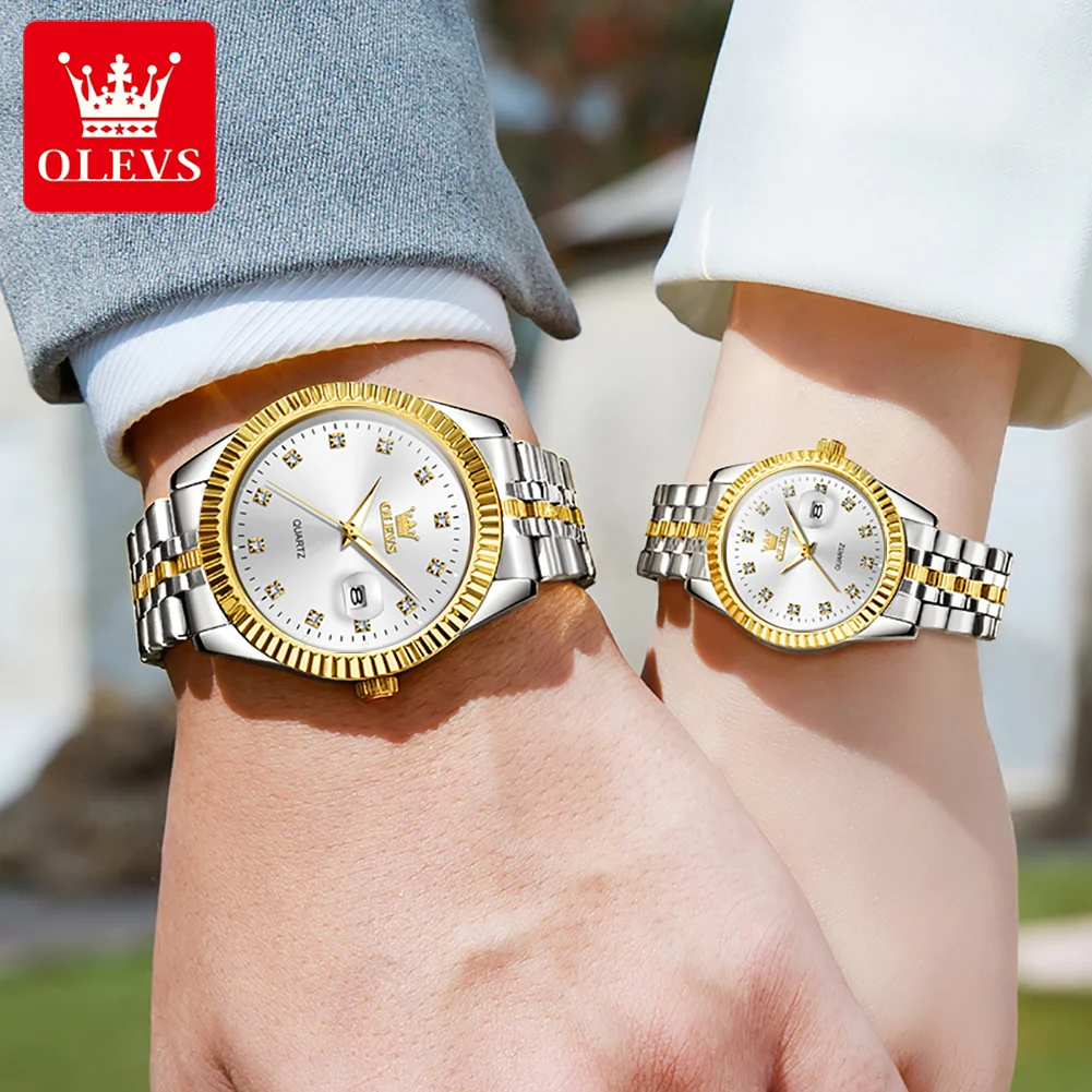 OLEVS 5526 Luxury Brand Quartz Couple Watch Waterproof Watch Classic Business Dating Week Diamond Clock His or Her Watch Set