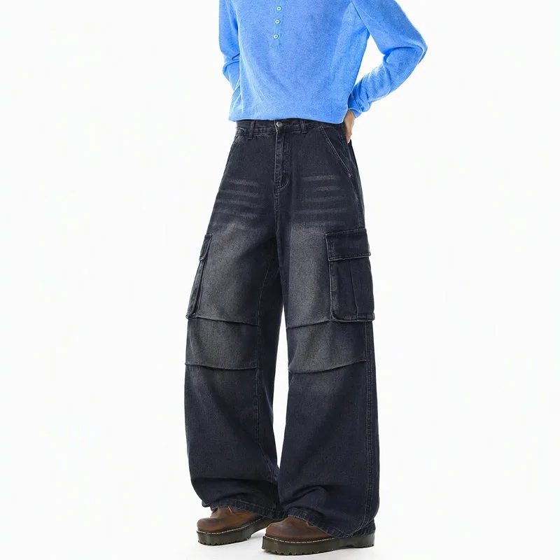 American Streetwear Multi Pocket Cargo Wide Leg Jeans Men Women Vintage Washed Pleated Baggy Straight Trendy Casual Denim Trouse