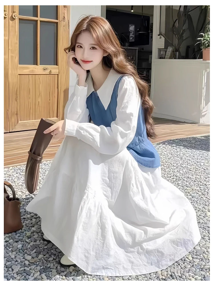 Summer Fashionable Women's Two-Piece Set Dopaamine Vest Versatile Slimming Shirt Dress Stylish Long Sleeve  Collar Button up