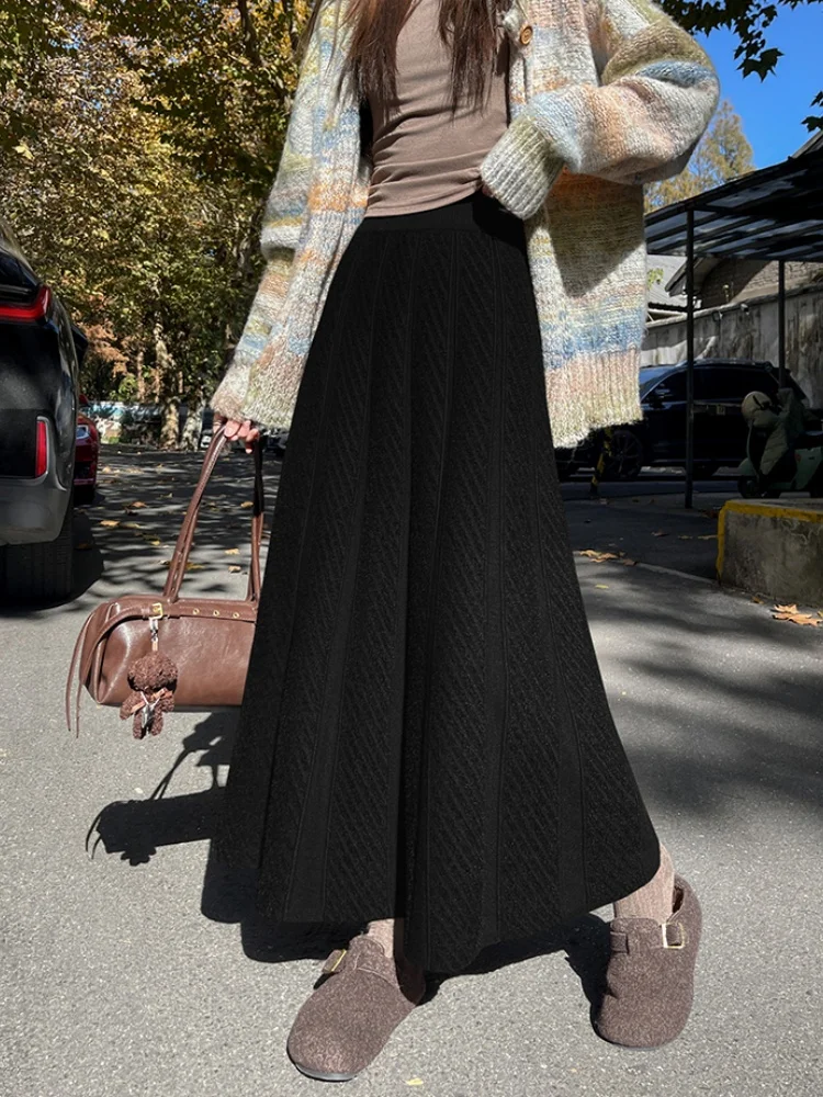 SMTHMA جديد الخريف الشتاء فرو المنك تقسم محبوك تنورة للنساء لينة عالية الخصر ألف خط كبير سوينغ متماسكة تنورة طويلة