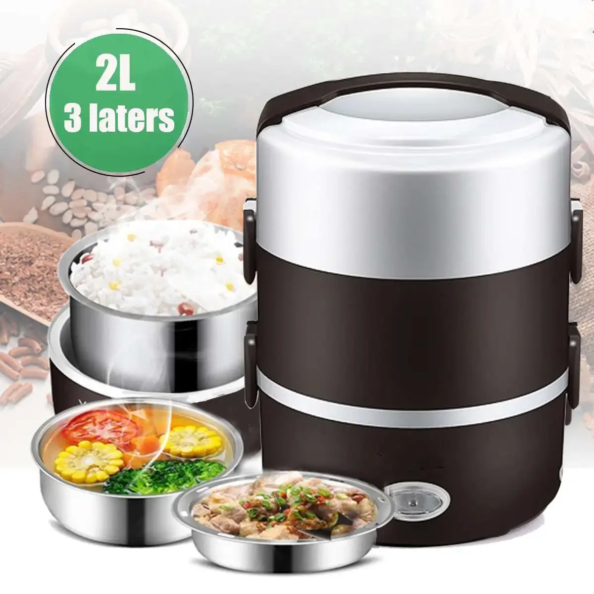 3 Layer 2L Portable Lunch Box Mini Electric Rice Cooker Steamer Meal Thermal Heating Automatic Food Container Warmer Cooking Pot