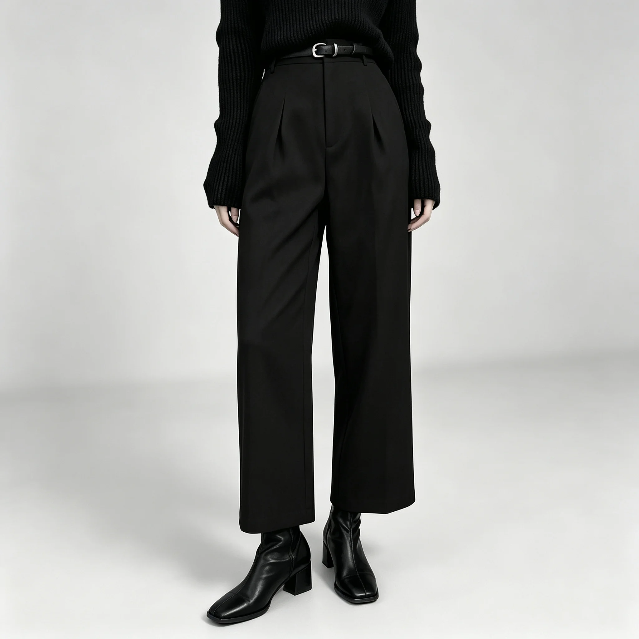 Damen Anzughose in Heather-Grau mit hoher Taille, weitem Bein, Gürtel und knöchellanger Länge für Arbeit, Business und Casual. – Detail 2