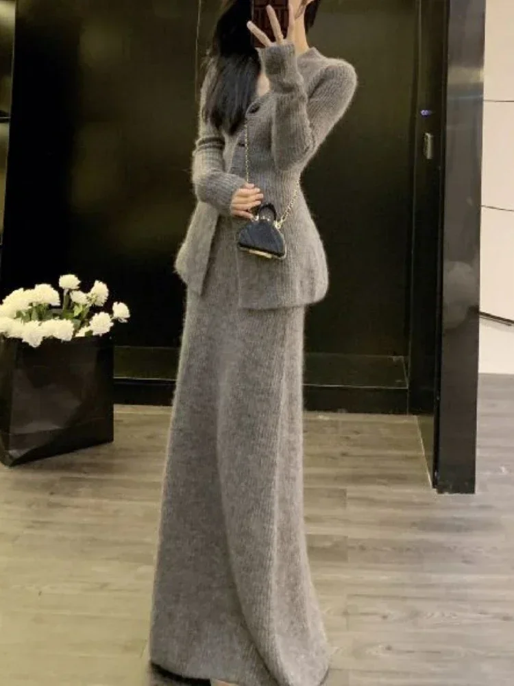 Winter Vintage Elegant 2 Piece Set Women V-neck Y2k Chic Kintted Skirt Suit Female Korean Fashion Casual Retro Sweater Set 2024