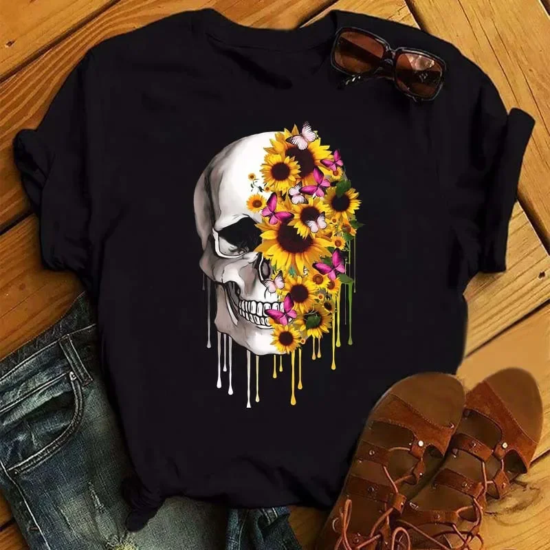 Butterfly Flower Skull Head Print Women T Shirt Short Sleeve O Neck Loose Women Tshirt Ladies Tee Shirt Tops Camisetas Mujer
