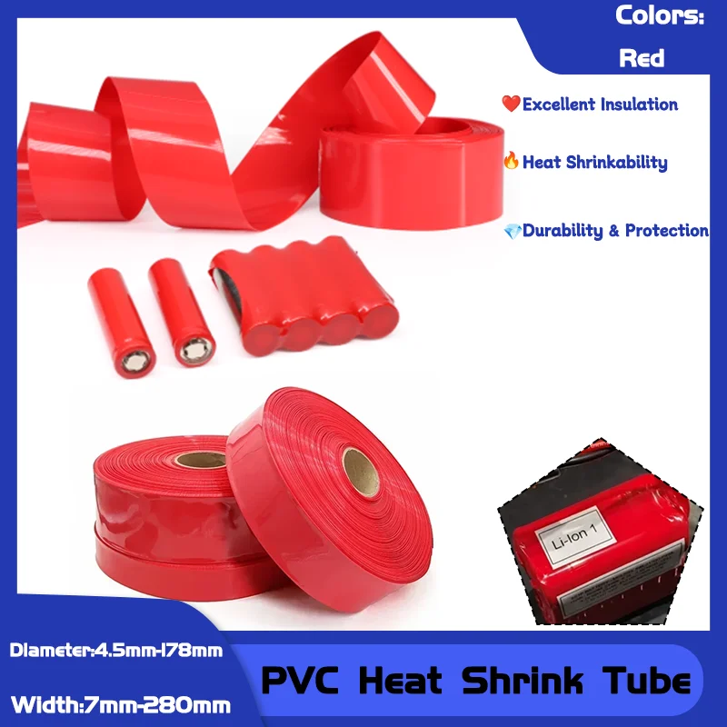 

PVC Heat Shrink Tubing 7mm-280mm Wide Red Battery Wrap for 18650 Packs 1-20M Insulated Sheath Film for Secure Protective Cover