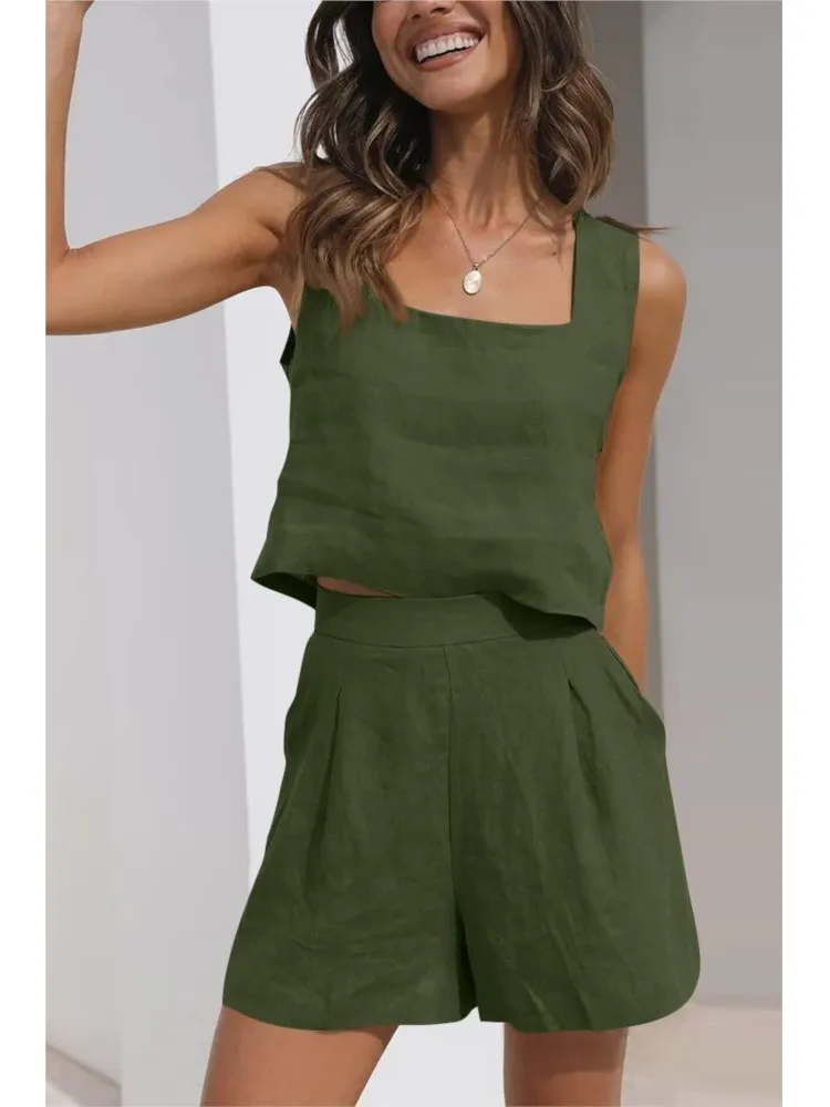 Casual Solid Shorts Set For Women Fashion Sleeveless Square Collar Short Tops Pants Two Piece Sets Lady Summer Holiday Clothes