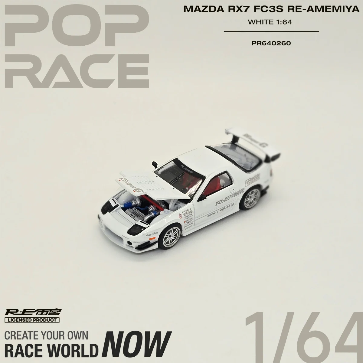 In Stock POP RACE 1:64 RX7 FC3S RE AMEMIYA White Diecast Car Model Collection PR640260