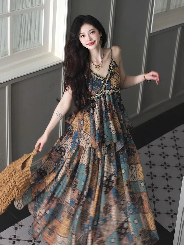 REDDACHiC Vrouwen Boho Print Top Rok Set Fringe Geweven V-hals Cami Elastische Taille Flowy Lange Rok Vakantie Retro Zomer Kleding