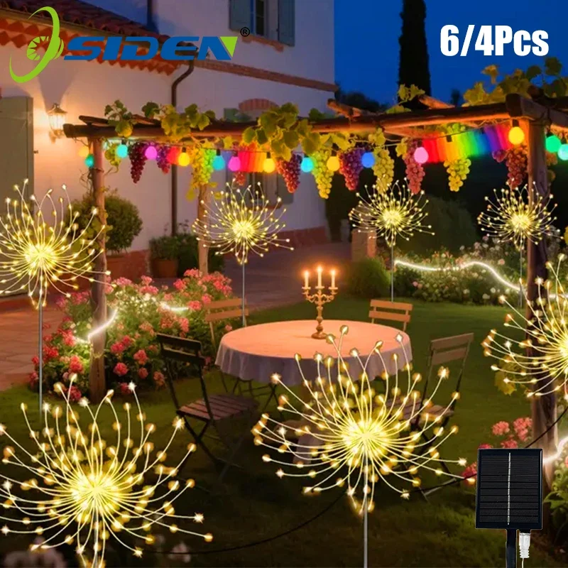 Solar LED Fireworks Lights 4/6PCS 8 Lighting Mode Waterproof Solar Atmosphere Decorative Fairy Lights for Outdoor Garden Holiday