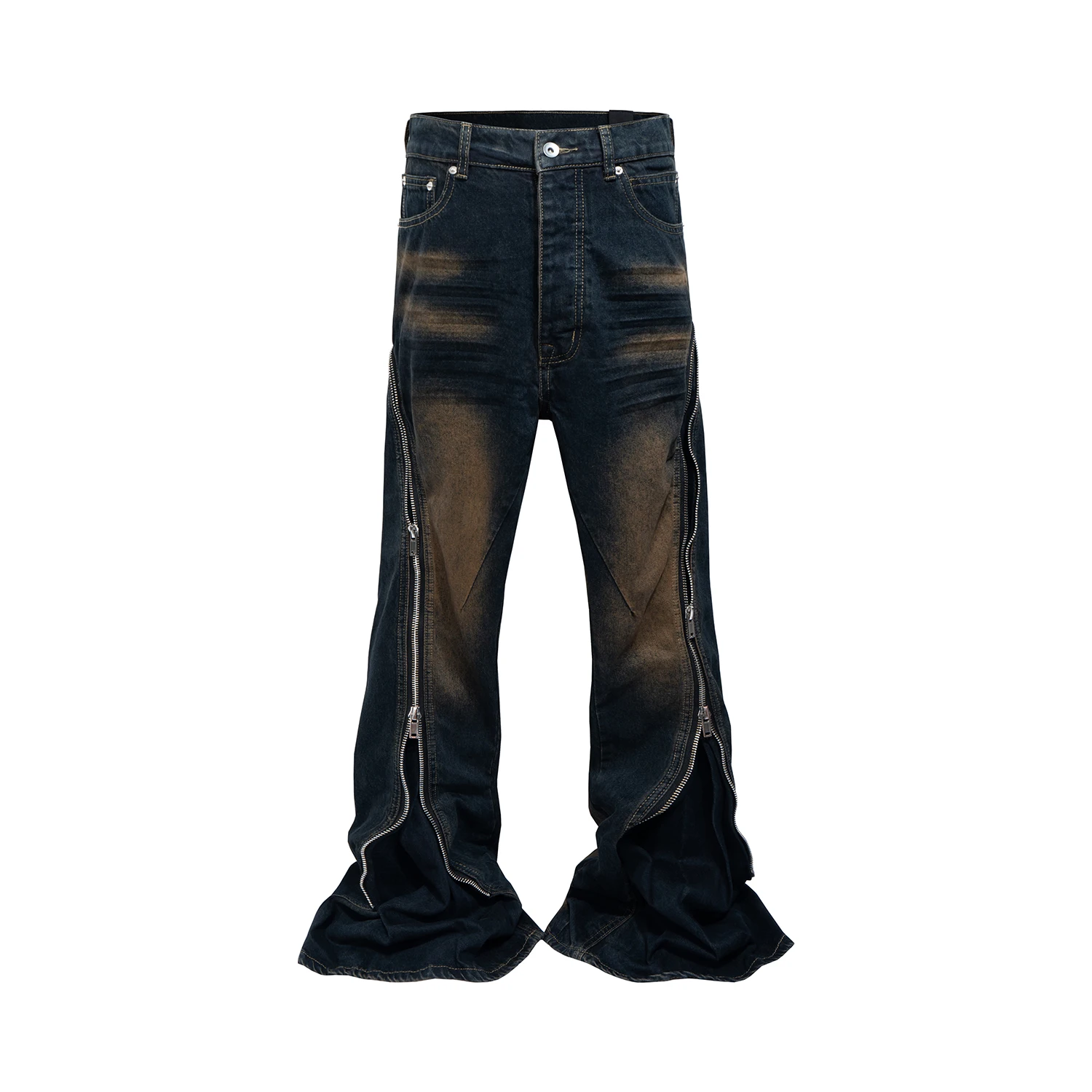 Double Zipper Gradient Baggy Flare Pants Jeans Mens Ro Ribbons Streetwear Ropa Hombre Casual Denim Trousers Loose Cargo Pants