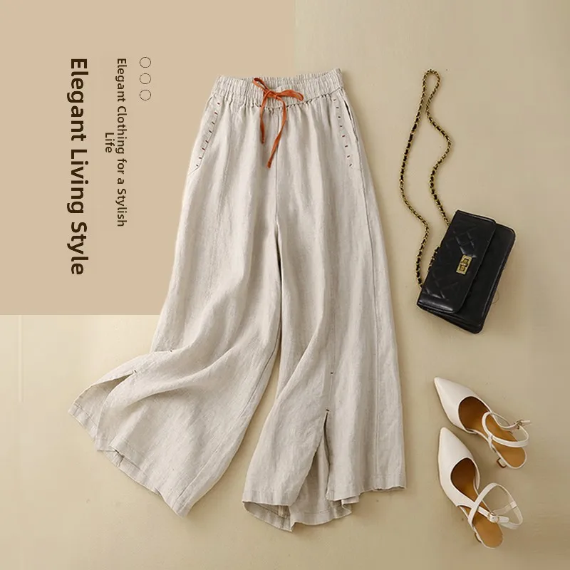 

Casual Cotton Linen Wide Leg Pants for plus Size Women with Belt High Waist Trousers Nine Points Splitting Full Length Loose Fit