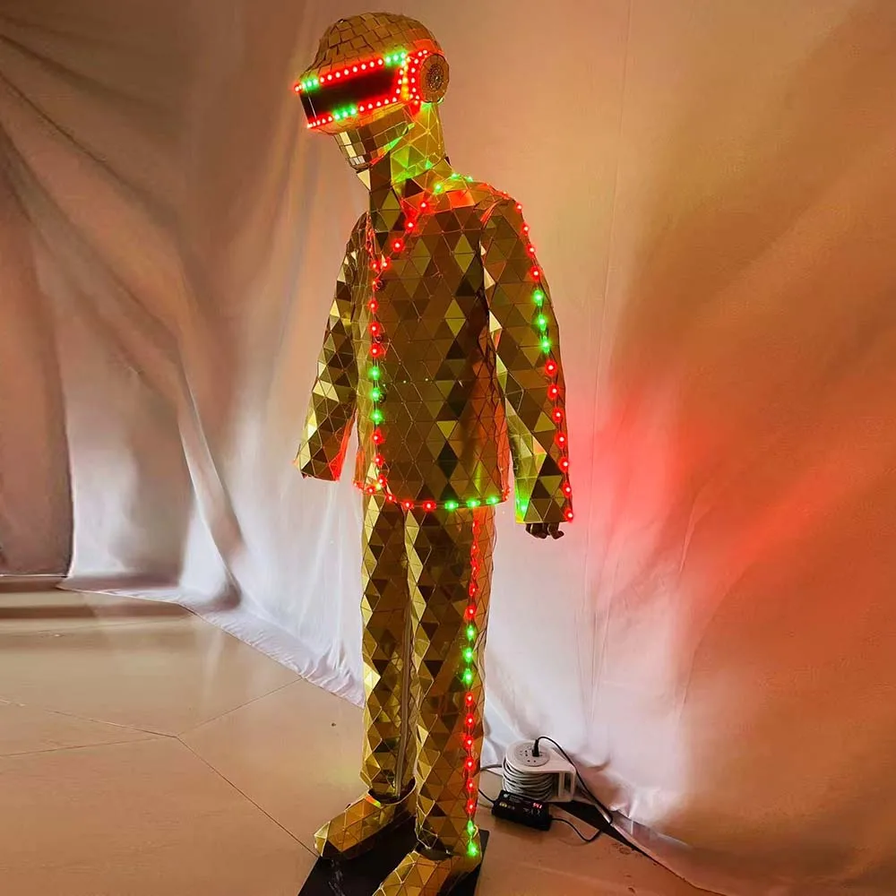 

Halloween Costume LED Mirror Suit Hand Made Silver Golden Robotic Masked Suit for Men Scary Party Stage Performance