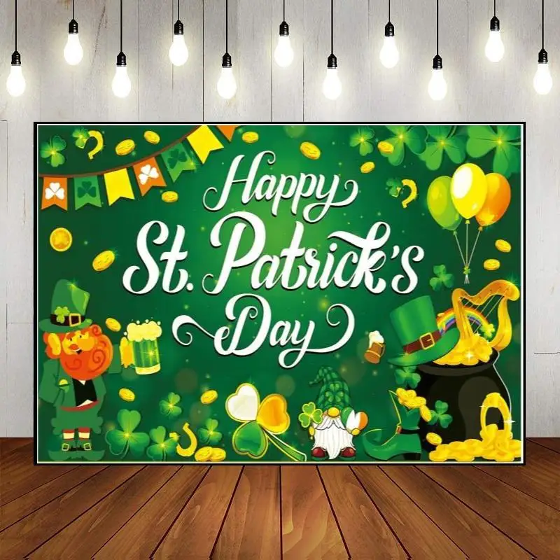 St Patricks Backdrop Green Irish Clover Backdrop Shamrock Holiday St Patrick's Day Party Banner Background Polyester Decoration