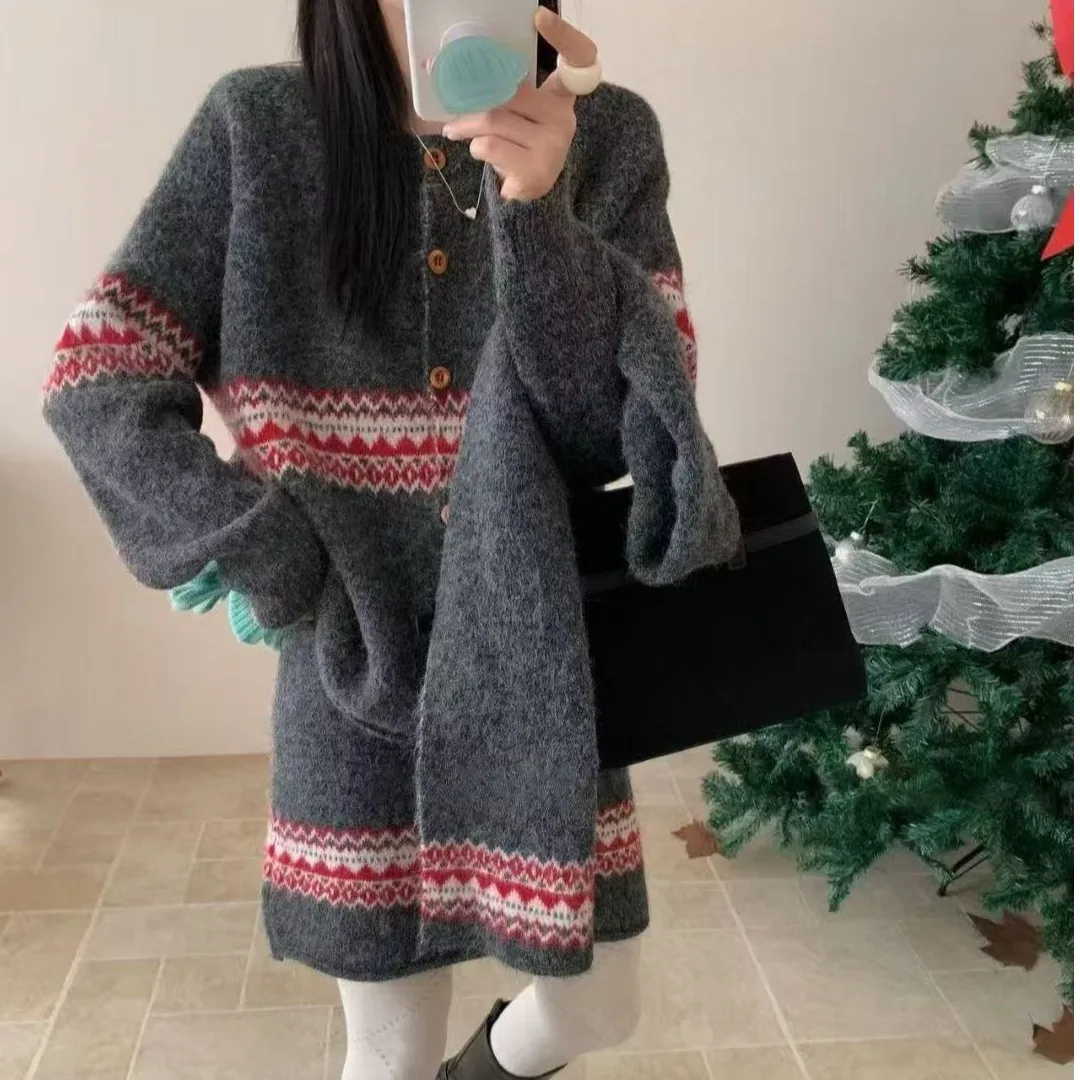 

Autumn Winter Fair Isle Knit Loose Warm round Ne Top Women's Faion Scarf Tee Piece Set Commute Sle Long Sve Coat