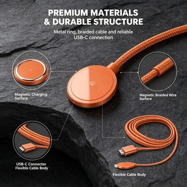 Cavo di ricarica wireless magnetico da 25 W, compatibile con MagSafe, con rivestimento in nylon intrecciato da 120 cm, scocca in metallo, caricabatterie a induzione rapida USB-C per smartphone.