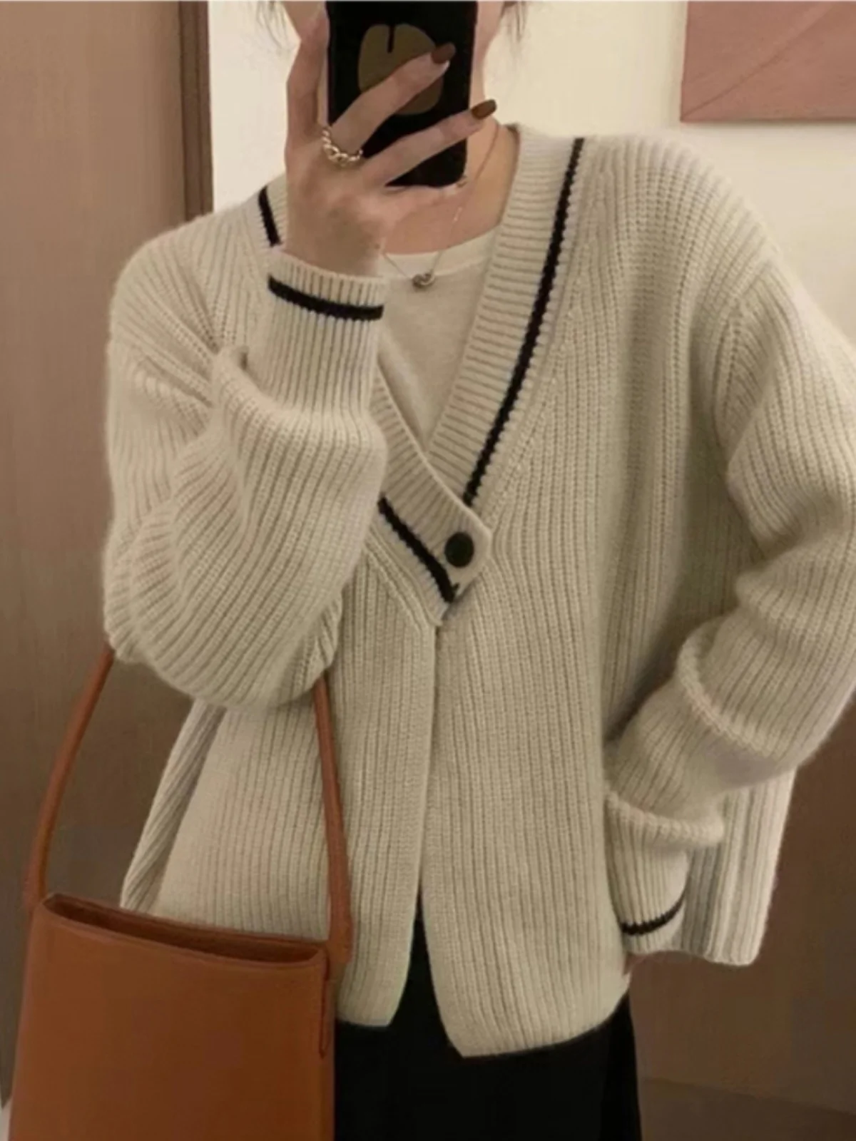 

Retro V-Ne Color Blo Knitted Open Cardigan Women's Spring Autumn Loose Lazy Gentle ort Sweater Jaet Japanese Sle