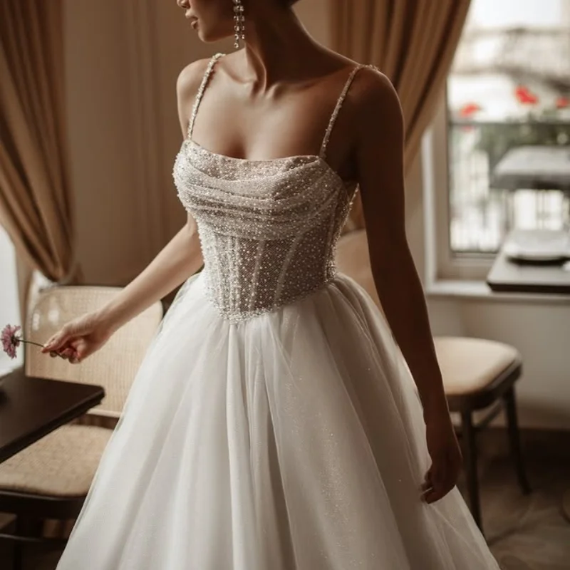 

Shiny ivory white Wedding Dresses off-shoulder The corset lace long sleeves backless Bridal Gowns multi-layer Made